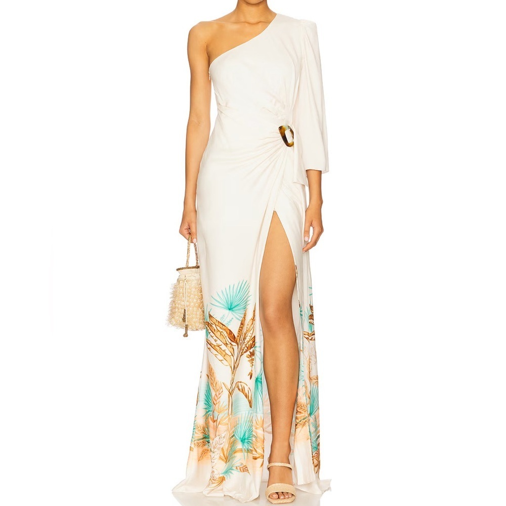PatBO Bananeira Tropical One Shoulder Maxi Dress in Beige